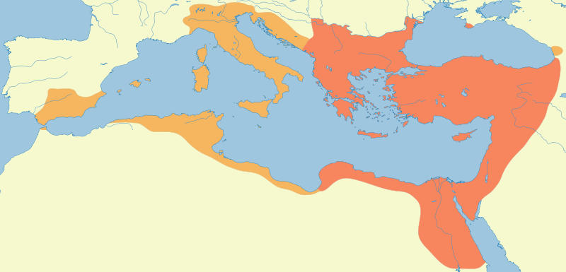 The Roman Empire of the East under Justinian: in red, possessions at the beginning of his reign, in orange, at his death 
