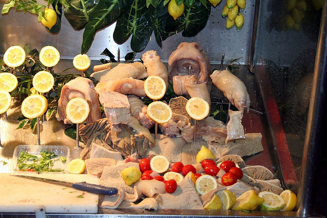 Weird Italian dishes: a display of the main ingredients of "'o pere e 'o musso."
