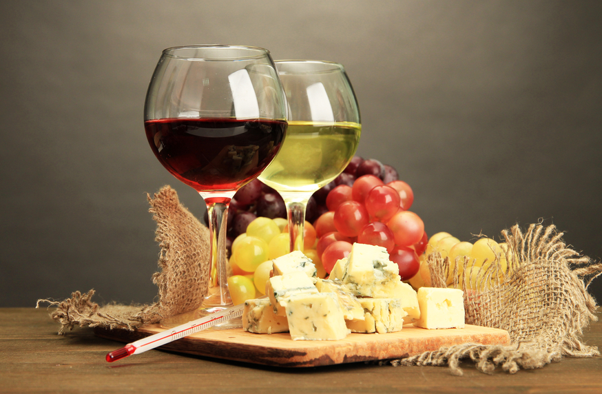 Wine, cheese and fruit. 