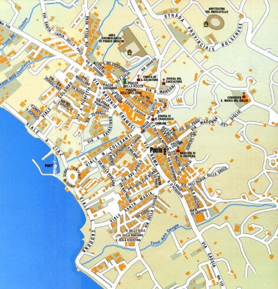 Paolo's house is located near the center of town and is noted with a dot.