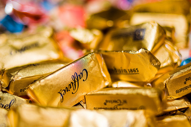 Gianduiotti, hazelnut and cocoa chocolates from Turin, are one of Caffarel's best selling